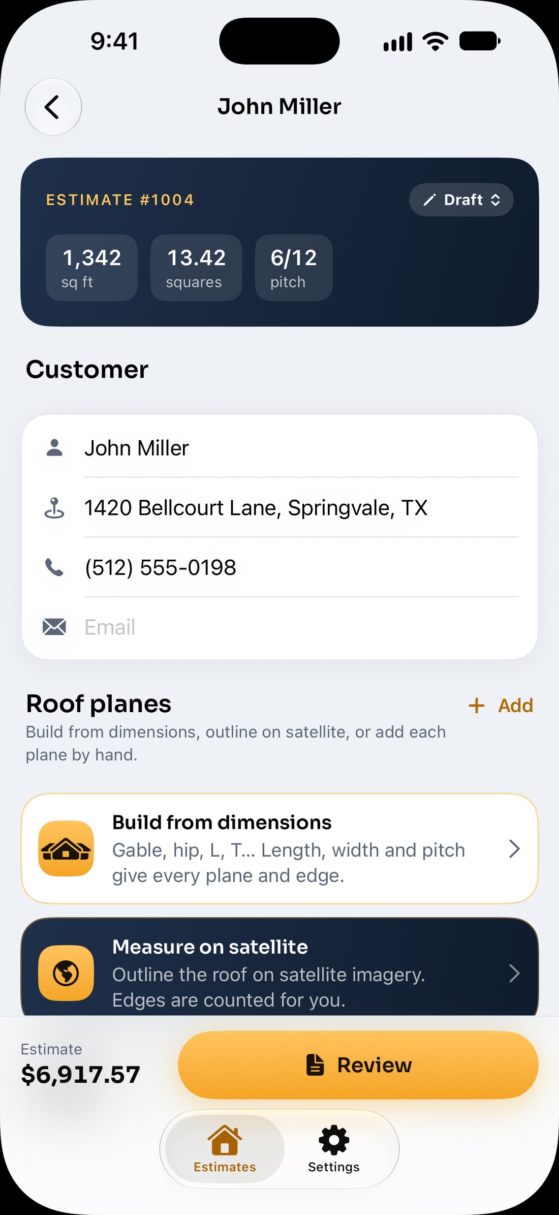 Estimate editor with customer details and measuring options