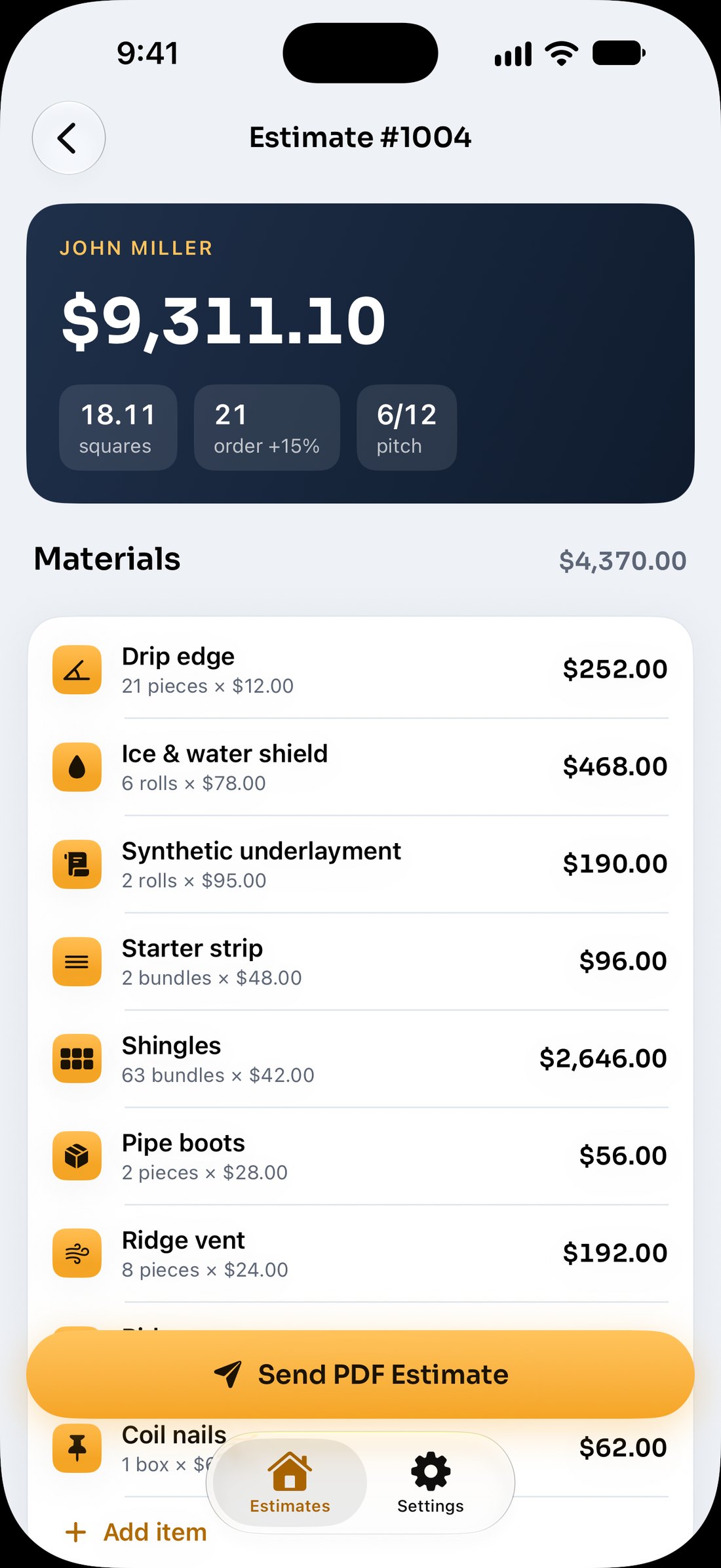 Material list with quantities and prices