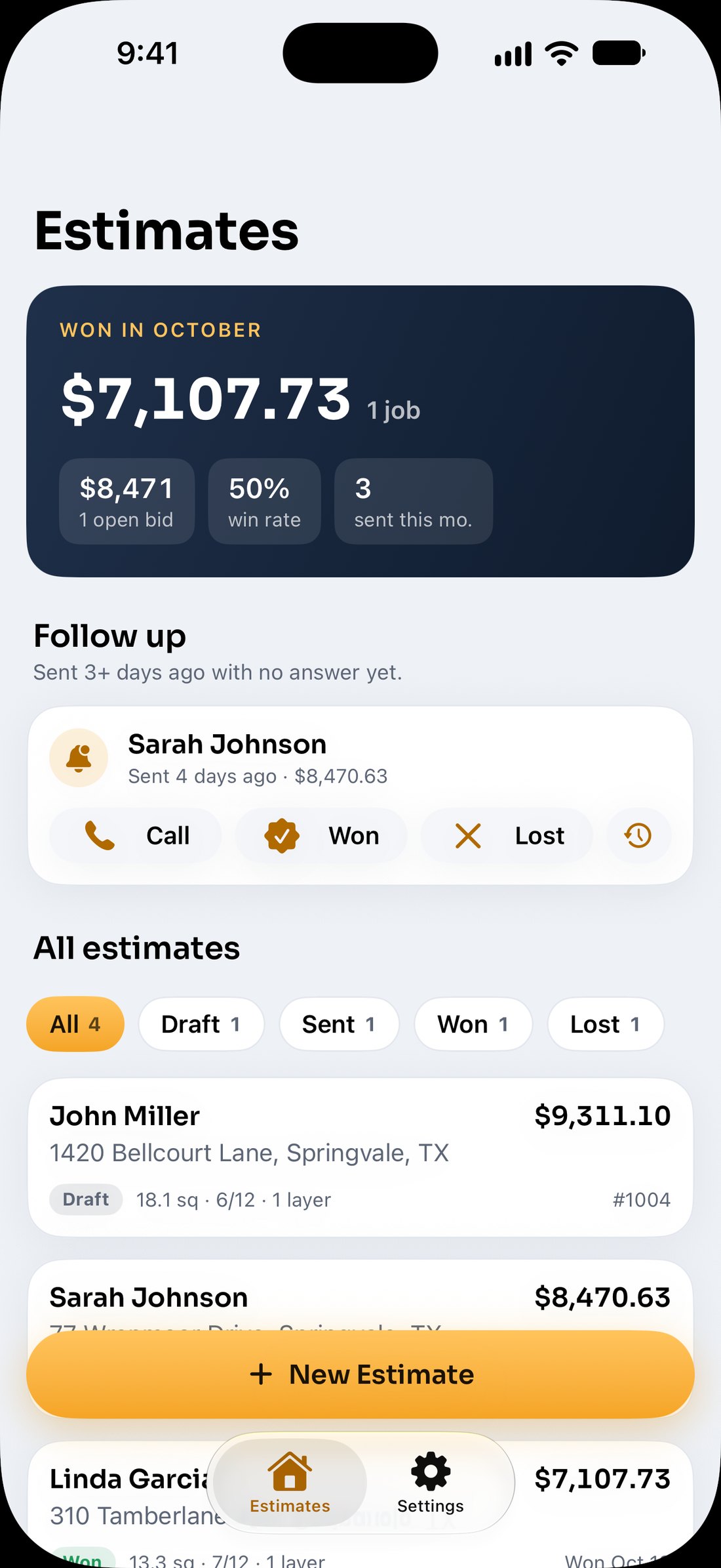 Home screen with wins, follow-ups and estimate statuses