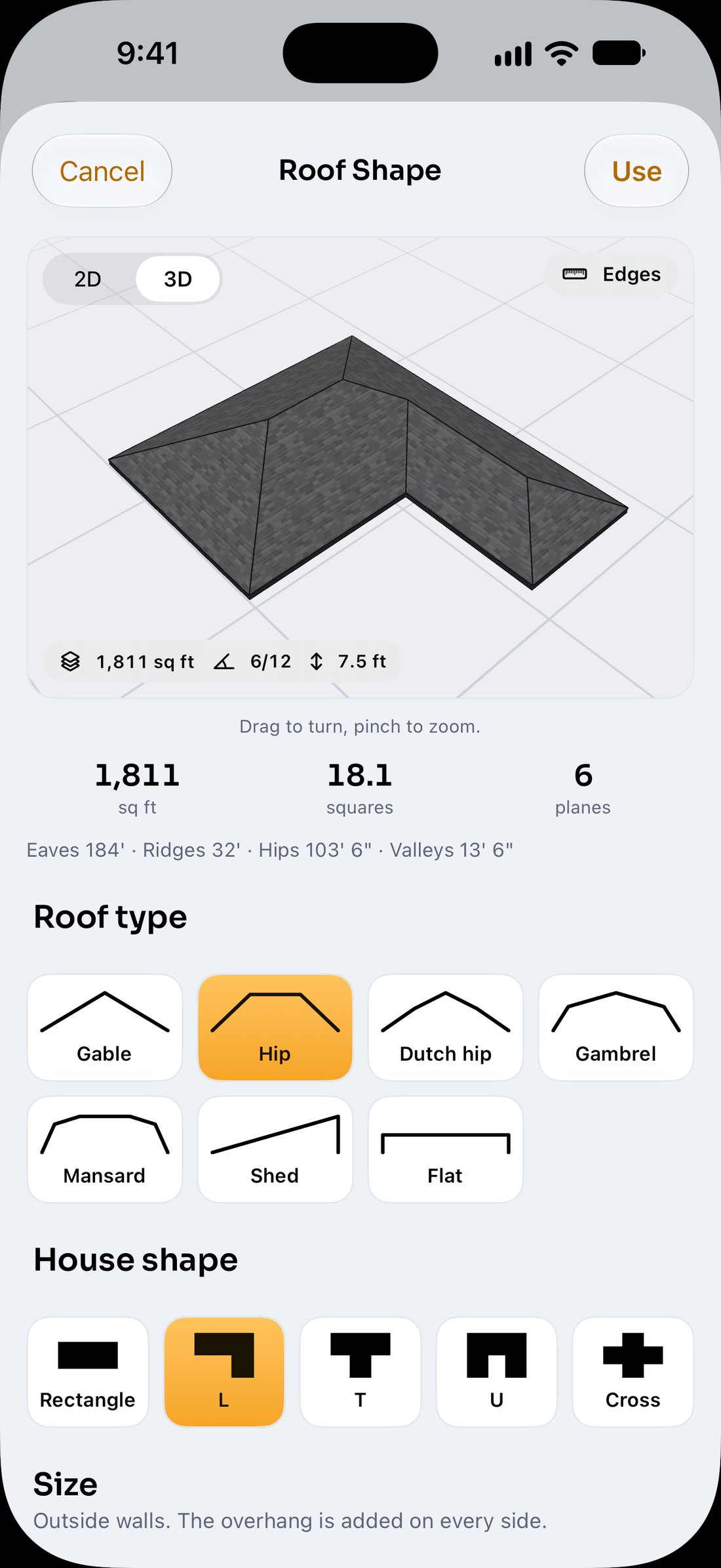 3D model of a hip roof on an L-shaped house