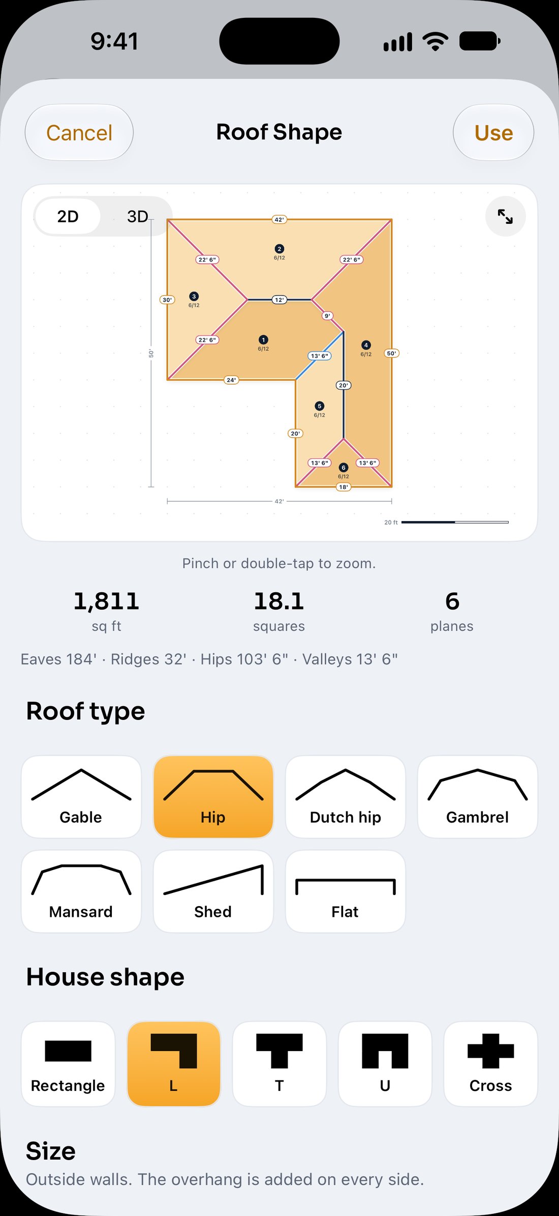 Roof built from dimensions with every edge length